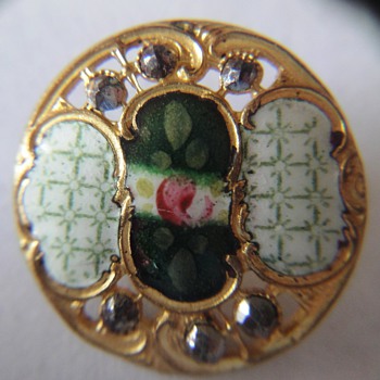 EXQUISITE PAINTED ENAMEL ROSE BUTTONS ~ ROCOCO SCROLL BORDER W/ CUT STEEL - Sewing