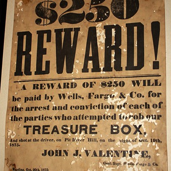 $250 Reward! - 1875 Wells Fargo Robbery Reward - Posters and Prints
