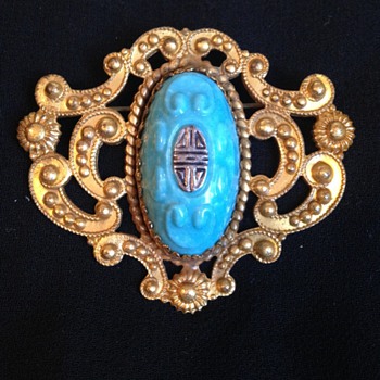 Ornate C-clasp Brooch w/ Large Oval Stone - Costume Jewelry