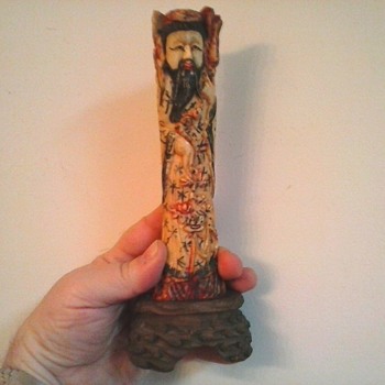 Chinese Carved Ox Or Camel Bone "Immortal" Figure With Wood Base / Unknown Age - Asian