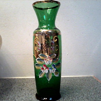 Bohemian Art Glass /Forest Green Hand Painted Flowers with Gilding / Circa 1950's - Art Glass