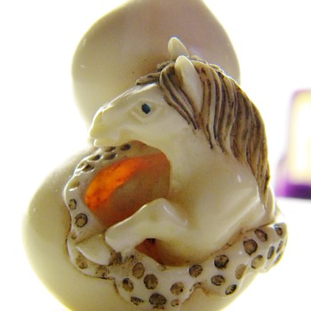 Antique Japanese Ivory Netsuke Horse Coming Out of Gourd Lucky :)