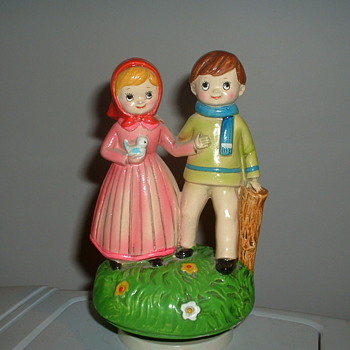 Vintage Musical Figurine Boy and Girl walking - Music