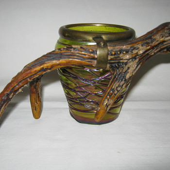 Pallme Konig purple threaded and green iridized art glass vase with deer antler - Art Glass