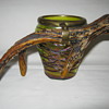 Pallme Konig purple threaded and green iridized art glass vase with deer antler