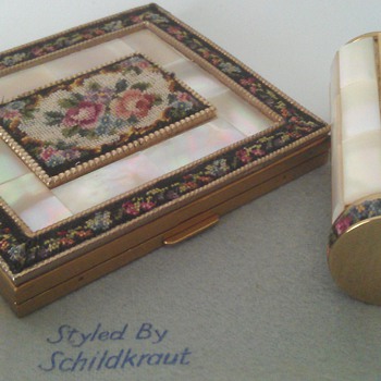 MINT Vintage Schildkraut Petitpoint and Mother of Pearl Square Compact with Lipstick Case - Accessories