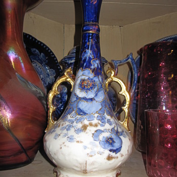 Antique Painted Blue Flower Goldleaf Vase with Handles Unknown Hallmark 