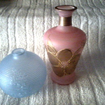 Blue Tiffin Satin Glass Ball or Bud Vase Circa 1920 /  Satin Pink and Gold Painted Floral Vase Bristol ? /Circa 19?? - Art Glass