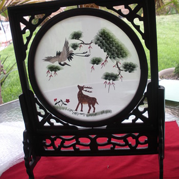 HAND CARVED FRAME WITH NEEDLE POINT PICTURE - Arts and Crafts