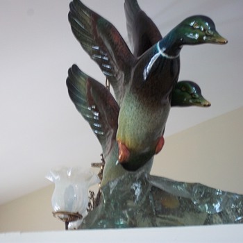 PAIR OF DUCK ON RANDOM CUT GLASS - Art Pottery
