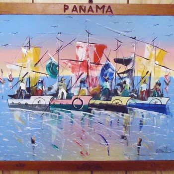 Panama oil folk art painting and carved frame - Folk Art
