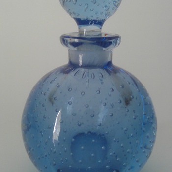 Vintage Czech CONTROLLED BUBBLES Blue Art Glass Perfume Bottle handblown w/Dauber - Bottles