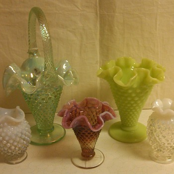 Display of Fenton Vases and Basket: Plum Opal Hobnail mini vase! 