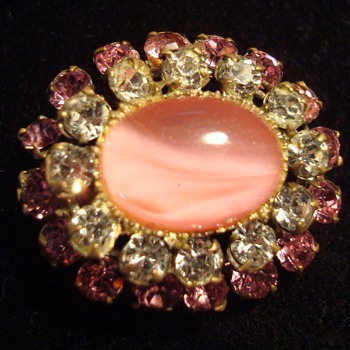 Pink Jellybean Glass Opal and Rhinestone Brooch