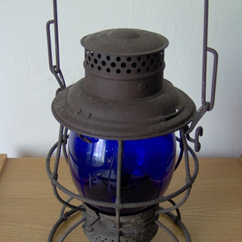 PRR railroad lamp with cobalt globe - Railroadiana