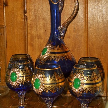 bohemian? French? Italian Glass Blue Cobalt with Gold adornments Pitcher goblets - Art Glass