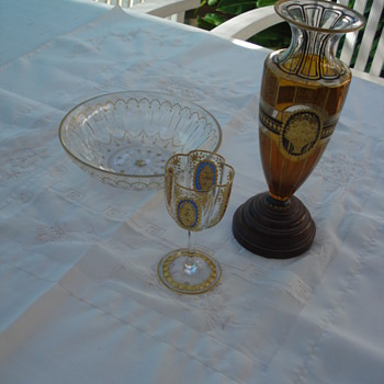 Intaglio gilt cut glass bowl Bohemian - Art Glass