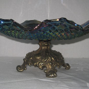 Vintage Carnival Glass Ruffled Blue Diamond Bowl w/ Brass Pedestal - Glassware