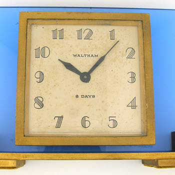 1940's Waltham 8 Day Blue Glass Desk Clock - Clocks