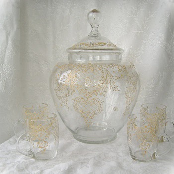Unknown Enameled Punch Bowl and cups - Art Glass