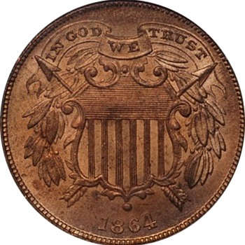 1864 Two Cent Piece with Small Motto IN GOD WE TRUST - US Coins