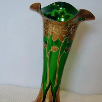 Boheimian Green/Gold Vase - Art Glass