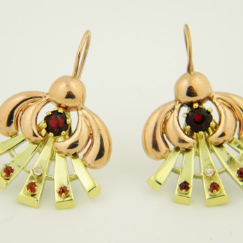 Antique Deco Diamond Garnet 14k Rose/Yellow Gold Earrings - Fine Jewelry