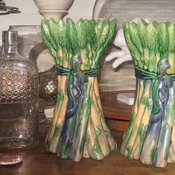 Majolica Asparagus Vase Pair - Art Pottery