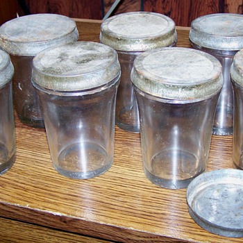 Antique Vacuum Packed Product Jars W Orig. Tin Lids