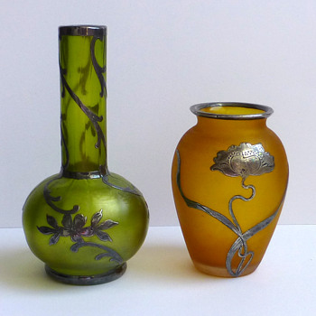 Tiny Little Bohemian Glass Vase with Silver Overlay - Art Glass