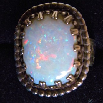 Antique Victorian Huge Fire Opal Mens Etched Sterling Ring Sz 11  - Fine Jewelry
