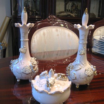 Vanity perfume & Powder set.  pale pink with white grapes and leaves adorned with GOLD