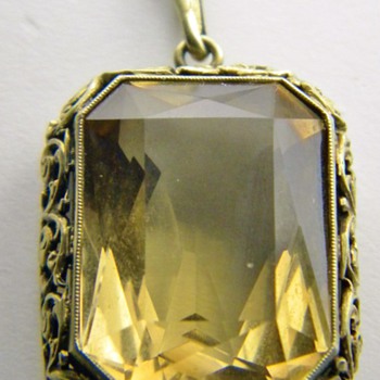 Vintage Deco Citrine Cushion Cut Filigree 835 Silver Gold Gilt Pendant Germany