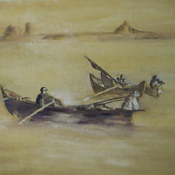 Man and his Dog in a Boat. Painting. Maybe 1930s? - Visual Art