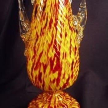Antonin Ruckl & Sons Bohemian Red and Yellow Variegated Embossed Cottage Glass Trophy Vase - Common Misspelling: Ruckle - Art Glass