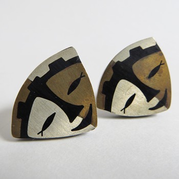Mexican Silver Earrings w/Inlaid Metal Design of Face~Mrkd 'RTA'~50's~60's