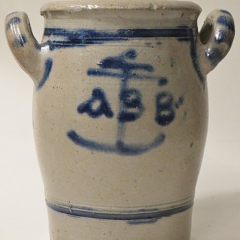Salt Glazed Stoneware Crock with ABB Anchor Design,~Old? Design ring a bell with anyone?, Thanks - Art Pottery