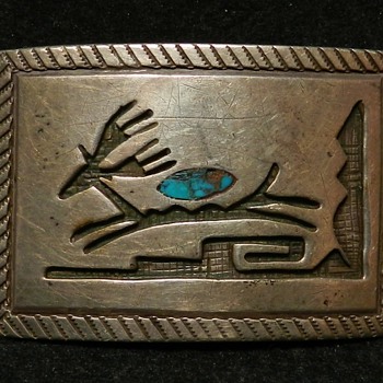 1930's Early Hopi Overlay Belt Buckle - Sterling & Turquoise - WOW!