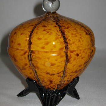 Czech Deco Export glass "Vertical Lines and Spots" Covered Candy dish Marked Czechoslovakia 1930's - Art Glass
