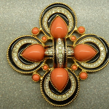 D'Orlan Faux Coral Swarovski Crystal Black Enamel Goldtone Pendant - Costume Jewelry