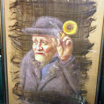 Old Man with Ear Trumpet Painted on Horse Hair - Folk Art