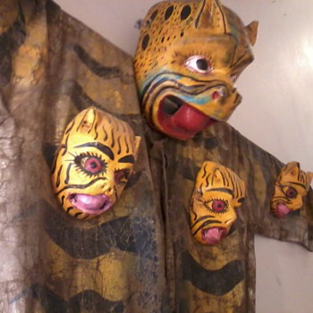 Oaxacan Jaguar Ceremony Costume, very old, Painted Canvas with Wooden Masks - Native American