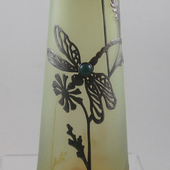Poschinger Uranium Glass and Oil Spot vase with Silver Overlay and Cabachon,  ca. 1900 - Art Glass