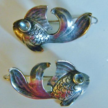 Vintage Art Neaveau Moonstone Gold Fish Sterling Earrings  - Fine Jewelry