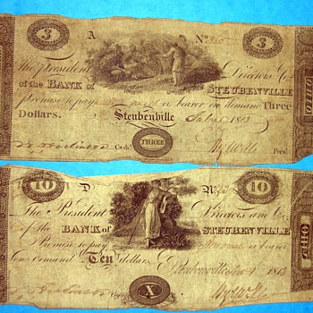 1813 Bank of Steubenville $10 Ten Dollar Note, serial number is written by hand, believe the bills and paper are original - US Paper Money