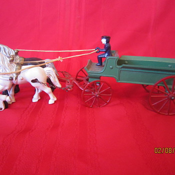 Original Early 1900's Kenton Made in USA Antique Cast Iron Horse Drawn Metal Carriage w/ Coachman - Model Cars