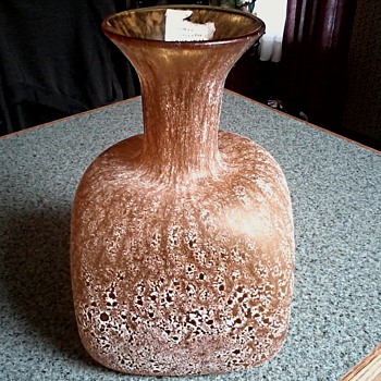 Large Square Italian Art Glass Bottle-Vase/Amber Glass with "Scavo" Finish/ Partial Label "Cenedese" ?/Mid Century - Art Glass