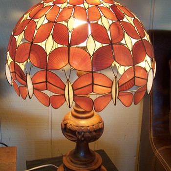 Pair of Hawaiian Style Lamps Carved Koa with Seashell Butterfly Shades - Lamps