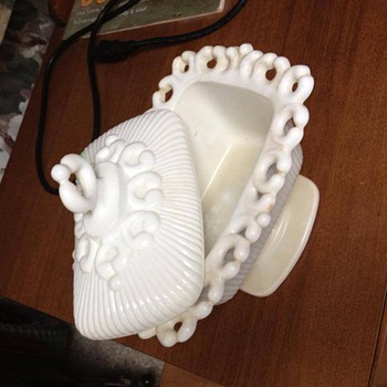 milk glass covered dish lacey edge , powder or candy? - Glassware
