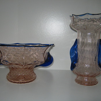 Czechoslovakia pink Quilted glass open compote with cobalt  trim Kralik Knuckle dsgn - Art Glass